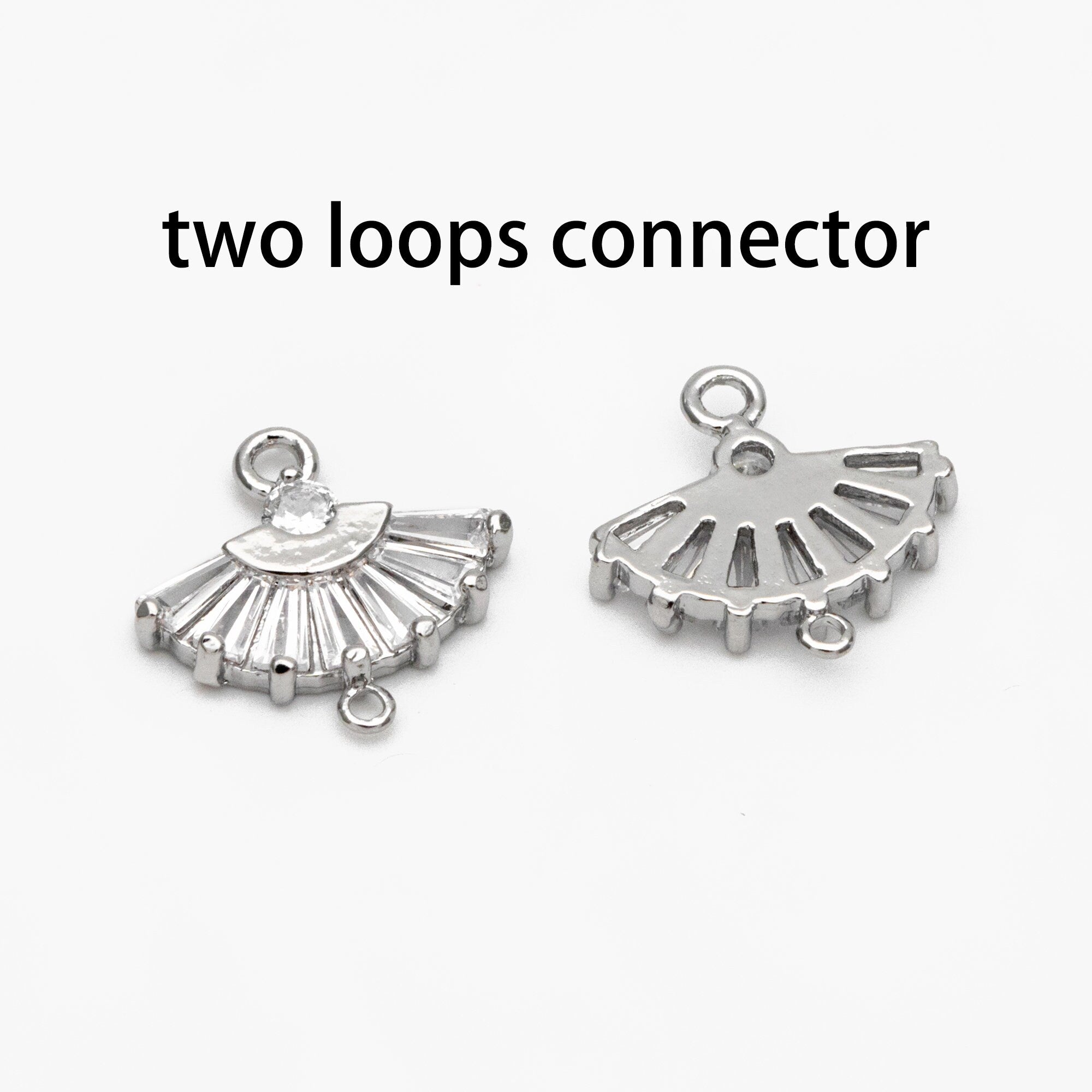 4pcs CZ Pave Gold/ Silver Fan Shaped Charm Connectors 14mm, 18K Gold plated on Brass (GB-539)